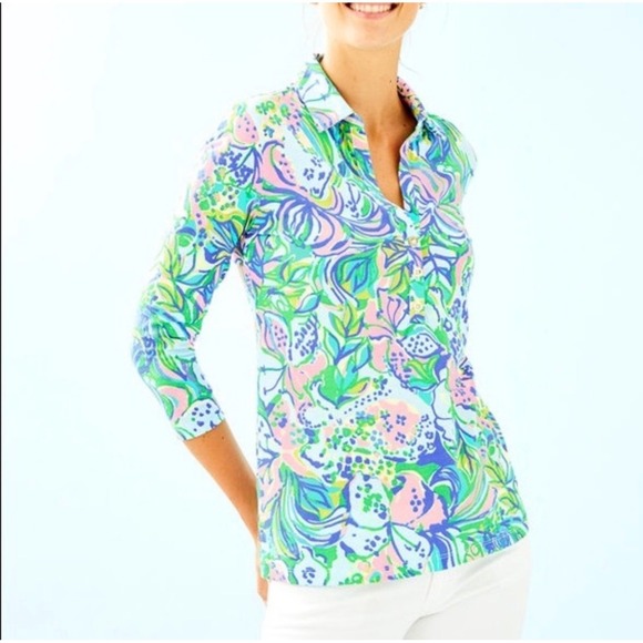 Lilly Pulitzer Tops - Lilly Pulitzer Ansley Polo 3/4 SleeveTop in the print  Feline Good Cotton M